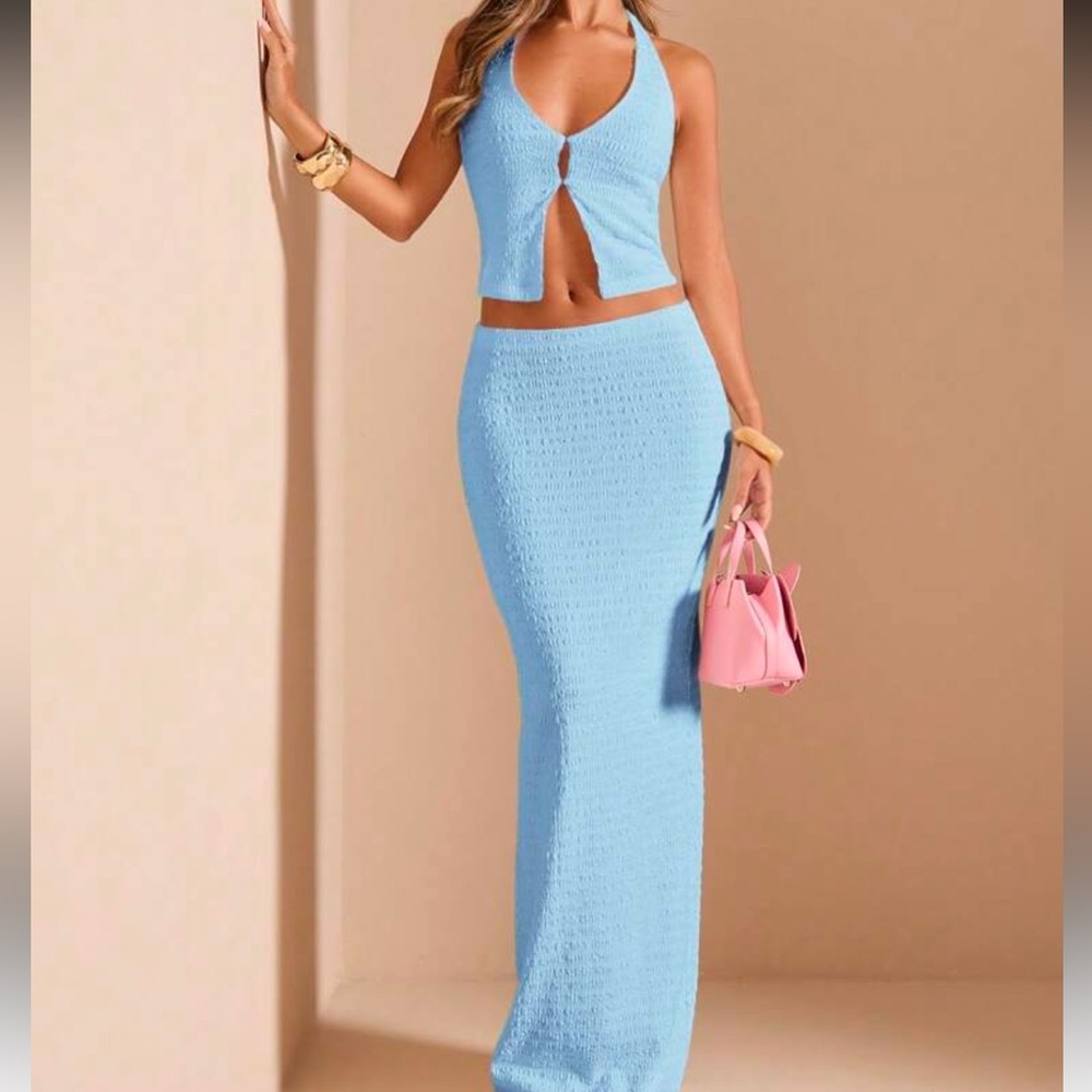 Blue Ribbed Maxi Pencil Skirt for Night Out